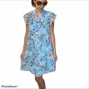 Demure VTG Emma & Michele Women’s Blue Liberty Floral Chiffon Dress Ditzy Print